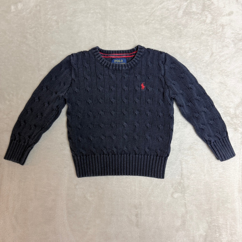 Polo Ralph Lauren Cable Knit Sweater Kids 3T Navy Blue Cotton Pony Logo Preppy